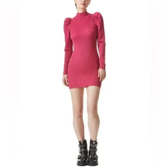 𝅺nwt Alice + Olivia Issa Metallic Puff Long Sleeve Wool Blend Dress Size Large